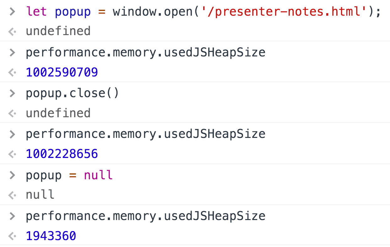 Проверка размера JS-кучи в DevTools при создании, закрытии и отсутствии ссылок на всплывающее окно.
